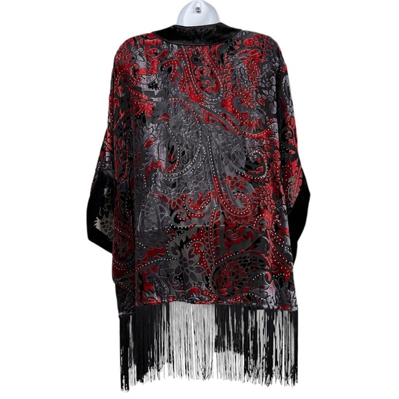 Chico’s Velvet Burnout Kimono Jacket Topper With Fringe Size L/XL Black Red - Picture 4 of 9